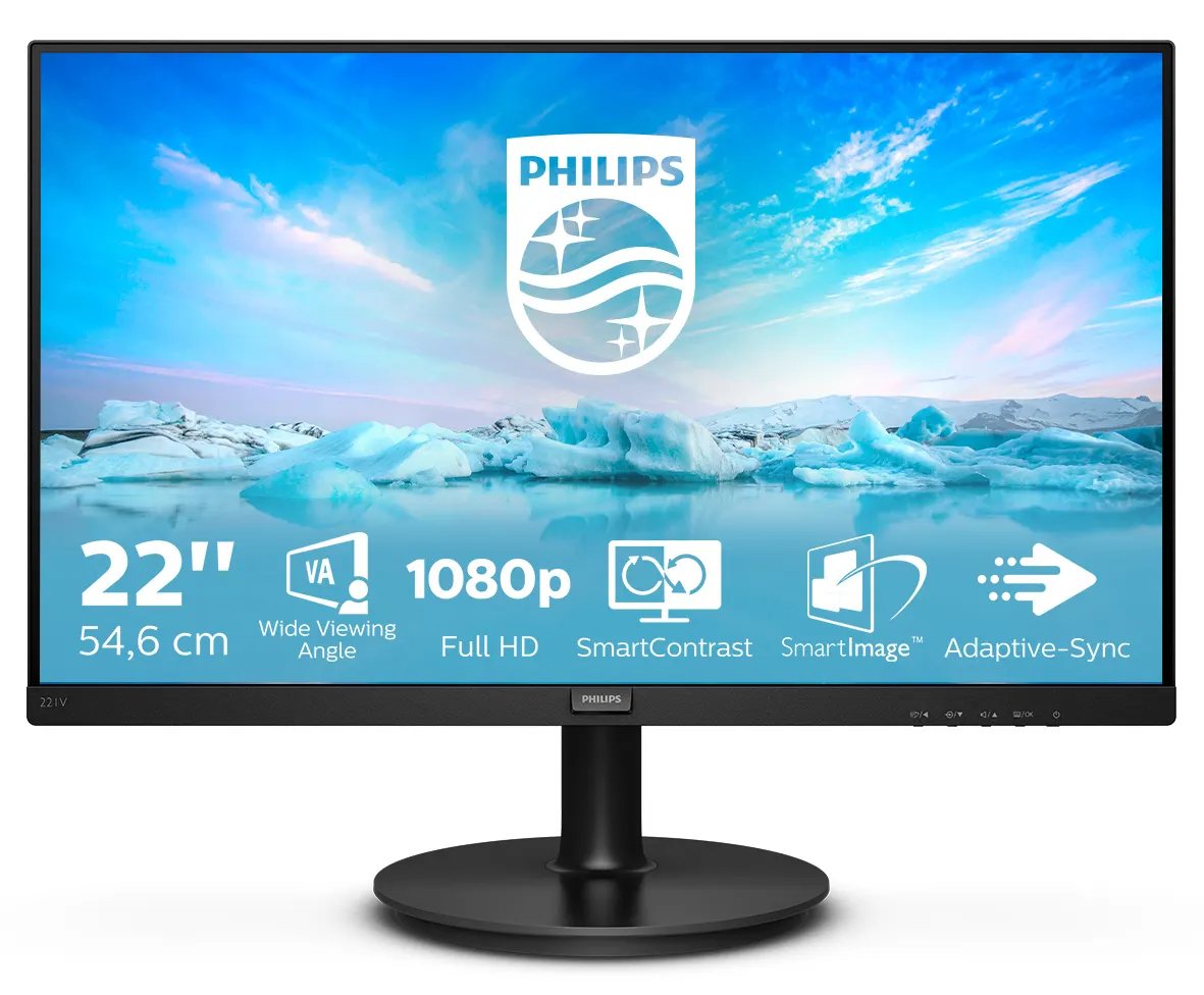 PHILIPS 221V8A/00 Écran LED - 22" - 1920 x 1080 Full HD @ 75 Hz - VA - 200 cd/m² - 4000:1 - 4 ms - HDMI, VGA - haut-parleurs